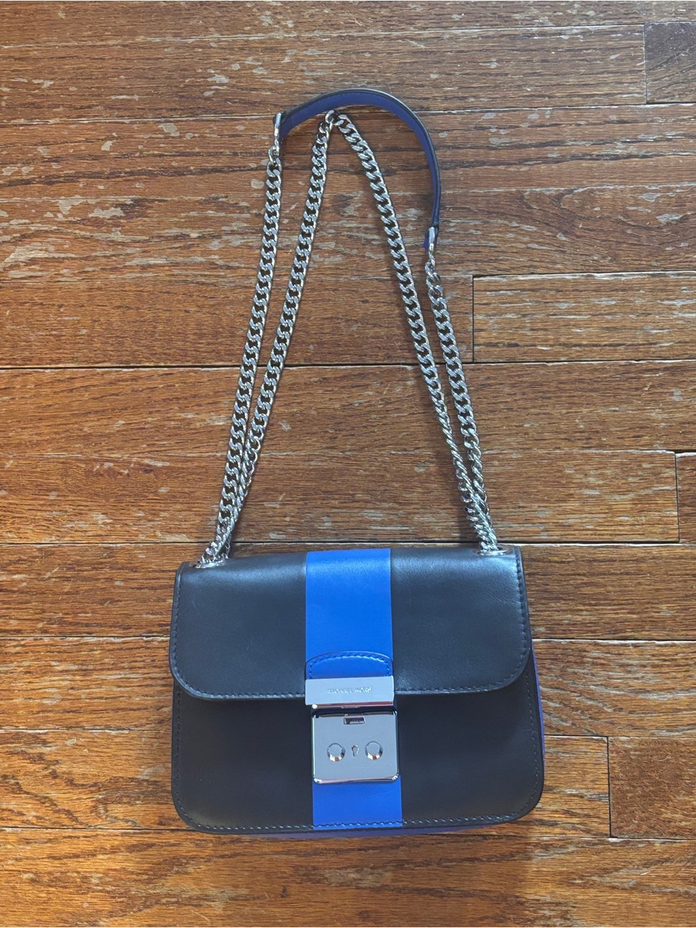 Michael Kors Leather Shoulder Bag Black with Blue Center Stripe NWT